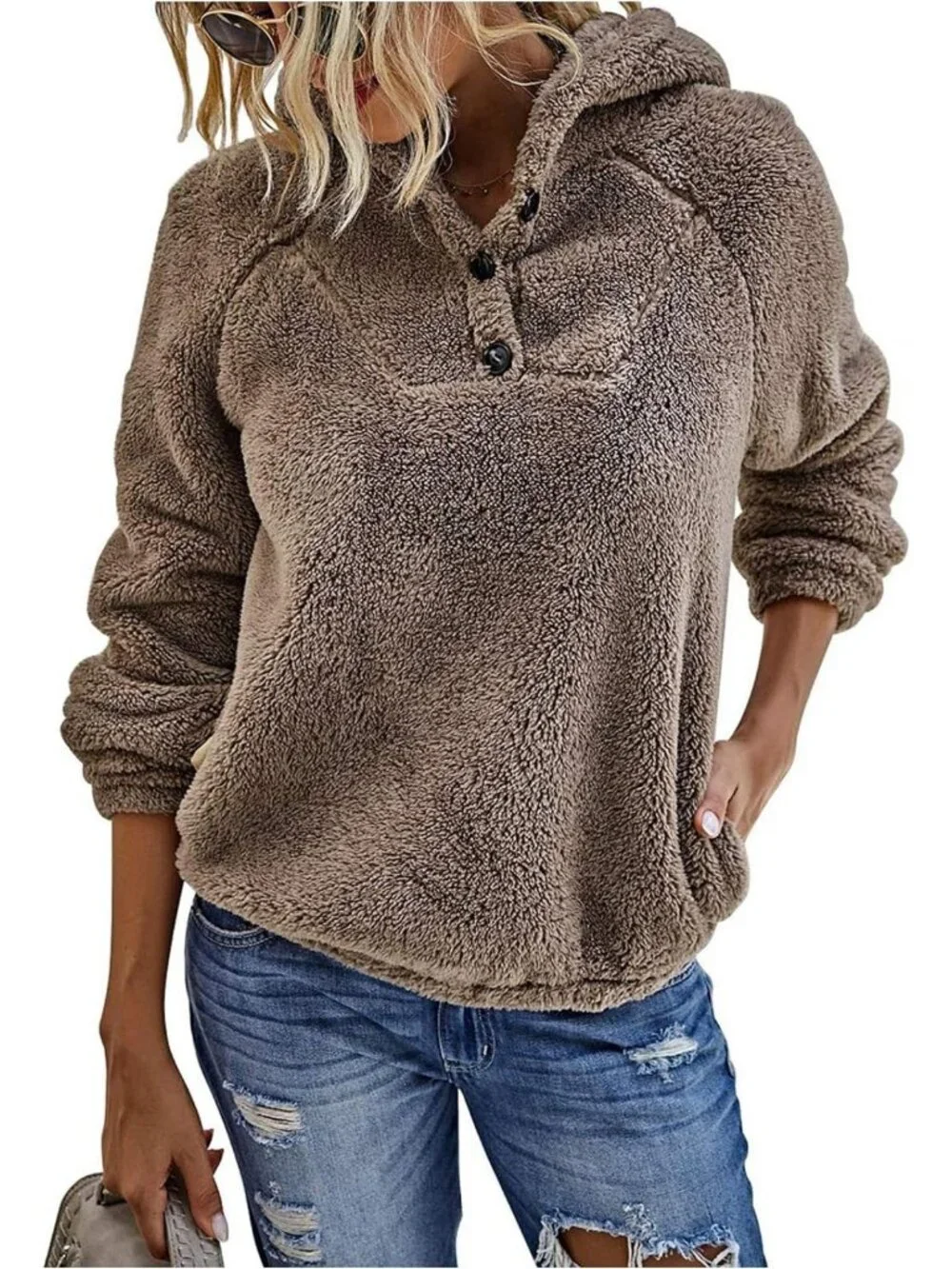 Cozy Fuzzy Sherpa Pullover Hoodie for Women | Casual Long Sleeve Winter